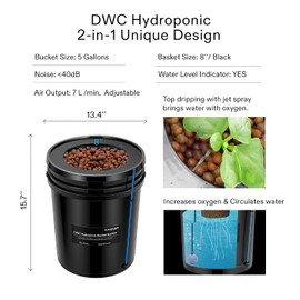 VIVOSUN DWC Hydroponics Grow System, 5-Gallon Deep Water Culture, Recirculating Drip Garden System with Multi-Purpose Air Hose, Air Pump, and Air Stone (1 Bucket + Top Drip Kit)