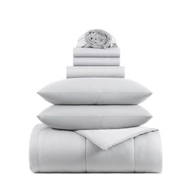 7-Piece Casual Bed in a Bag Cool Grey Comforter Set King Size | Modern Plush Microfiber Material Solid Color Pattern Full Luxury Bedding Sets | Ultra Soft Cozy Lightweight Versatile Smooth Comfy