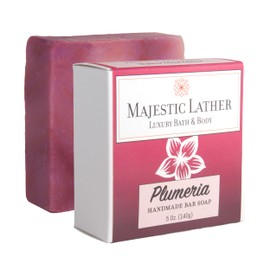 Majestic Lather Plumeria Luxury Handmade Bar Soap for Face & Body. Gentle Cleansing, Moisturizing & Nourishing - Shea Butter & Natural Oils. Cold Process. For All Skin Types.5.0 Oz.