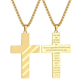 Gold Cross Necklace for Men Stainless Steel 18K Real Gold Plated American Flag Pendant Box Chain Bible Verse Cross Necklaces 4th of July Gifts Mens 22 Inches