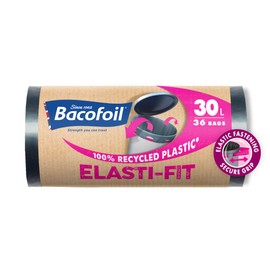 Bacofoil Elasti-Fit Bin Liners - 30L Recycled bin bags, 3 Rolls (36 Bags) - Leak-Proof, Elastic Fastening for Secure Fit - Made from 100% Recycled Plastic - Eco-Friendly Waste Disposal.