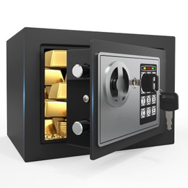 PATRON Small Safe Box for Money with Code and Keys，Solid Mini Safe for Kids with Digital Electronic Security Keypad for Home Office Hotel,Personal Money Safes for Cash,0.236 Cuft (Black)