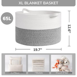 INDRESSME Large Blanket Basket, Laundry Toy Storage Baskets, Decorative Woven Basket for Living Room & Nursery, Baskets for Gifts Empty, Laundry, Dog Toys, Towels, Light Grey, 19.7" D x 12.6" H