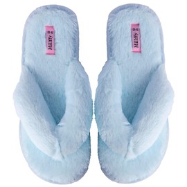 Kathyland girls fluffy flip flop slippers for women indoor outdoor thong slippers for summer ladies bedroom slippers (Women US 9-10, Blue)