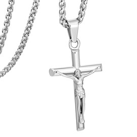 murtoo Cross Necklace for Men, Christian Jesus Pendant, Stainless Steel Mens Necklace, Thanksgiving Family Christmas Jeweley Gift Idea for Men Women (Silver, 22")