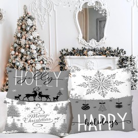 Miaikoe Grey Christmas Cushion Covers 30x50 Set of 4 Christmas Decorations Happy Holidays Holly Jolly Snowflake Merry Christmas Decor Throw Cushion Case for Home Couch Sofa Deco