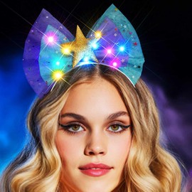 Unsutuo Light Up Bow Headband Bowknot Headpiece Glitter Hair Accessories for Women(Purple and Green-Color Light, One size)
