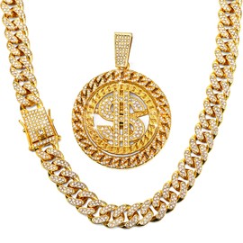 Hillban Diamond Link Gold Chain for Men with Rotatable Dollar Sign Pendant Necklace Hip Hop Rapper Chain Jewelry Gift for Men Women (12 mm, 18 Inch)