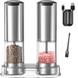 Rulsinbol Electric Salt and Pepper Grinder Set, Rechargeable Automatic Pepper Mill Grinder with Led Light, One Hand Operation, Adjustable Coarseness, USB-C Recharging, Refillable, 95ml, Silver(2 Pack)
