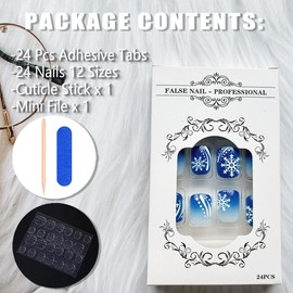 24Pcs Christmas Press on Nails Short Square Fake Nails with Glue Blue Glitter Glossy Acrylic Nails Supply White Snowflake Lines Stick on Nails Winter Holiday Xmas False Nails for Women DIY Manicure