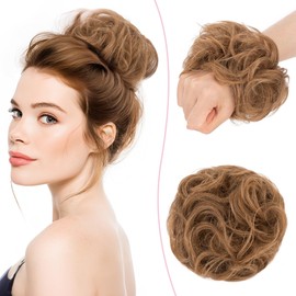 SEGO Human Hair Messy Bun Scrunchie Updo Real Bun Hair Piece Donuts Updo Chignon for Women Ponytail Hair Extension VOLUMINOUS Curly Wavy- #6 Light Brown