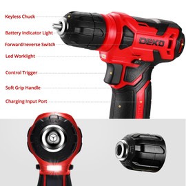 DEKOPRO 8V Cordless Drill, Drill Set with 3/8" Keyless Chuck, 42pcs Acessories, Built-in LED, Type-C Charge Cable, Red Power Drill for Drilling and Tightening/Loosening Screws