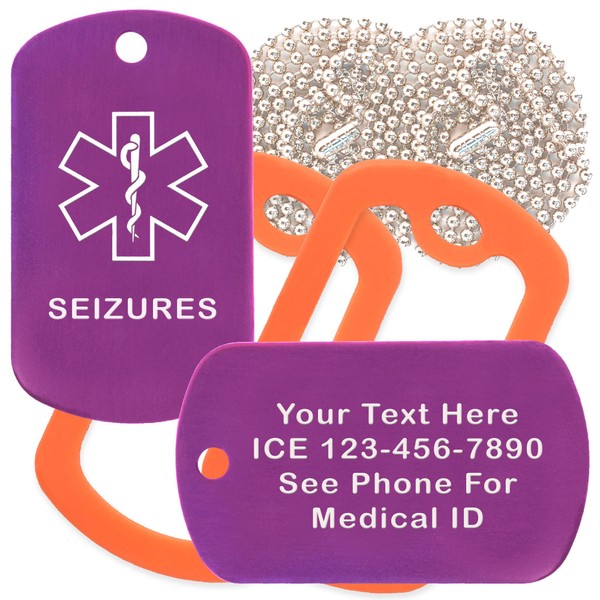 Custom 2 Pack - Seizures Medical Alert ID Necklaces with Purple Custom Tags, Orange Silencers, and 30'' USA Chains