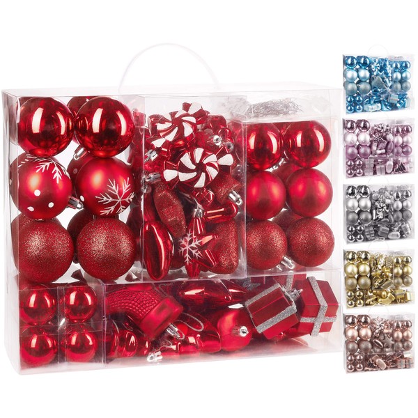 Brubaker 77-Piece Set of Christmas Baubles – Christmas Tree Decorations – Red/Silver