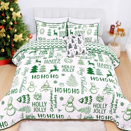 FRAMICS King Size 3-Piece Snowman Christmas Quilt Set - Ultrasonic Quilting Technology Green Bedspread with 2 Pillow Shams Holiday Bedding Set, 106" x 96"