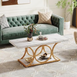 Tribesigns 47.24" Modern Coffee Table with Geometric Metal Legs and Spacious Shelves, Ideal Living Room Furniture, White & Gold / Black & Gold - Color: Black & Gold