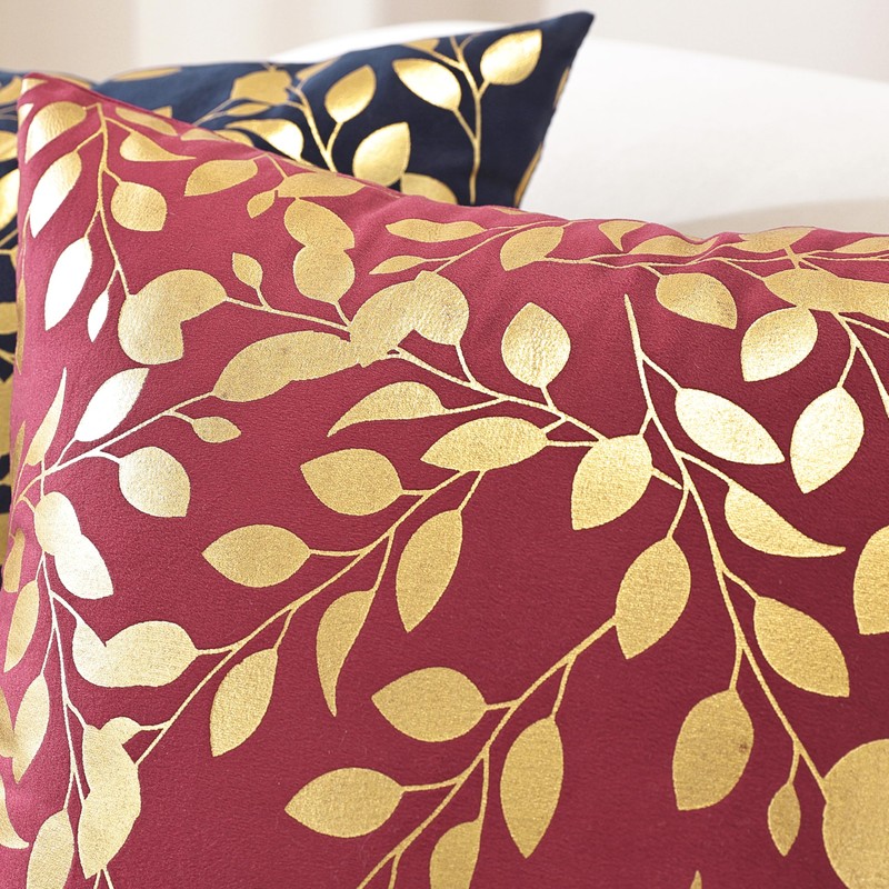 TAOSON 2Pcs Wine Red Velvet Throw Pillow Covers,Gold Bronzing Leaves,18x18