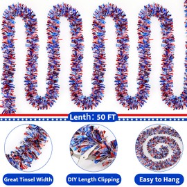 50FT 4th of July Decorations 4th of July Garland Red White and Blue Tinsel Garlands Patriotic Garlands for Holiday Celebration Party Memorial Day Independence Day 4th of July Decor