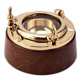 NKlaus Nautical 12 cm Porthole Ashtray on Base Round Brass Wood Ashtray Maritime for Boat and Patio 11511