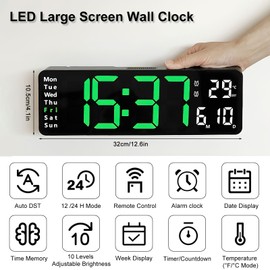 Wanduhr Digital, 13" LED Wand Wecker mit Großbildschirm, Digital Wecker mit Fernbedienung, Digital Uhr Wanduhr Einstellbarer Helligkeit mit Uhrzeit/Datum/Temperatur für Wohnzimmer Küche Büro Gym