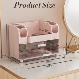 Delamu Makeup Organizer Countertop with 6 Brush Holder, Bathroom Countertop Organizer with 2 Large Drawers, Cosmetic Display Case for Vanity, Skincare, Dresser, Perfume Organizer, Present, Pink