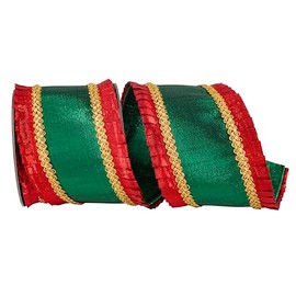 Reliant Ribbon Metallic Pleated Overlay Deluxe Metallic Dupioni Backed Wired Edge, Green/red, 4 Inch, 5 Yards