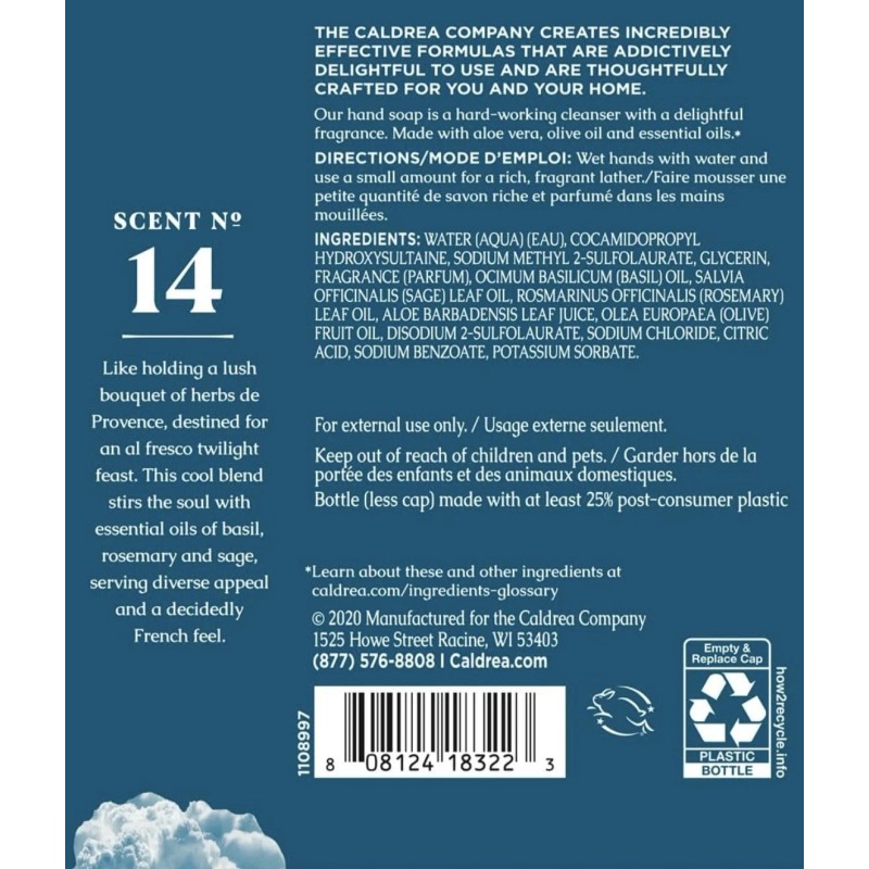 Caldrea Hand Soap, BASIL BLUE SAGE, REFILL Bottle 32 fl