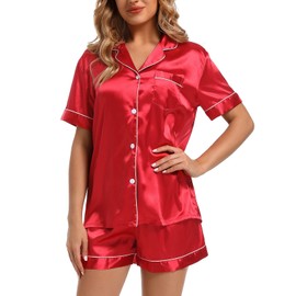 Finvizo Womens Silk Satin Pyjamas Set: Ladies Pajamas Short Sleeve Bride Pj Set Two-piece Sleepwear Silky Button-down Nightwear Soft Loungewear Sets, Red L