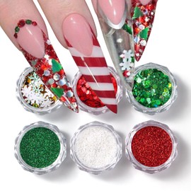 6 Boxes Christmas Nail Art Glitter Sequins 3D Holographic Winter Snowflake Nail Glitter 3 Colors Manicure Fine Glitter Powder Holographic White Green Red Winter Nail Flakes for Women Girls Nail Decor
