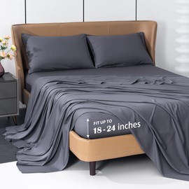 Levoo Cooling Sheets Rayon Derived from Bamboo 18"-24" Extra Deep Pocket Queen Sheets Cooling Sheets for Hot Sleepers Silky Soft 4Pcs Bed Sheets(Queen, Dark Gray)