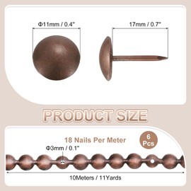 sourcing map 6 Pcs Upholstery Tacks Strips, 32.8ft Decorative Nails Strips D11mm Glossy Nail Trims for Furniture Sofa Headboard Chair DIY Crafts with Upholstery Nails, Copper