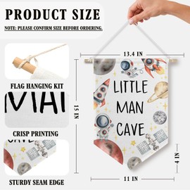 BlissfulAbon Little Man Cave Canvas Banner - Space Themed Kids Playroom Hanging Pennant Flag Prints, Boy Room Wall Art, Space Themed Bedroom Decor, 11 X 15 Inch