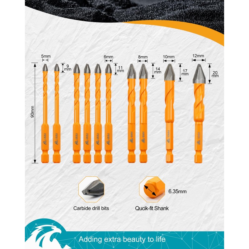EXFEIN 3/16"-1/2" Masonry Drill Bits Kit with Quick-fit Shank, Carbide-Tipped