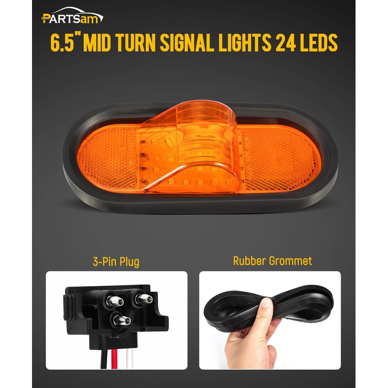 Partsam 2Pcs 6.5" Mid Turn Signal Amber Marker Light Rubber