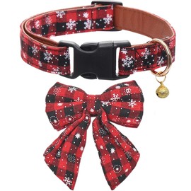 Christmas Dog Collar Snowflake Classic Plaid Adjustable with Cute Bow Tie and Bells