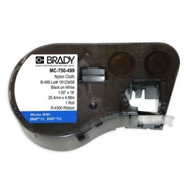 Brady - 143360 MC-750-499 Nylon Cloth B-499 Black on White Label Maker Cartridge, 16' Width x 3/4" Height, For BMP51/BMP53 Printers
