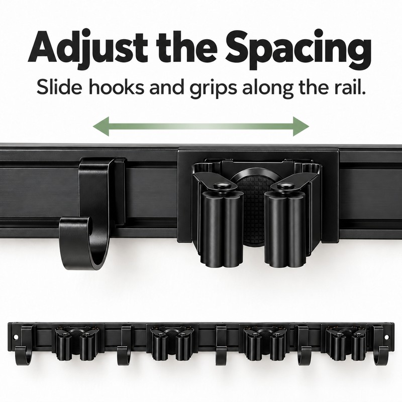 Wall-Mounted Broom and Mop Holder – 4 Slots and 5