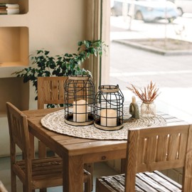 Rustic Farmhouse Decorative Lantern Set of 2, Boho Lanterns with LED Candles, Modern Farmhouse Indoor Outdoor Decor for Living Room Patio Porch Fireplace Kitchen Dining Table Centerpiece