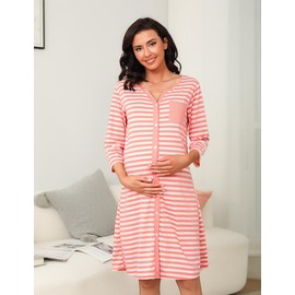 Marvmys Maternity Nightdress For Hospital Breastfeeding Nightwear 3/4 Length Sleeves Nursing Nightgown Button Down Sleep Shirt V Neck Pajama Soft Loungwear For Pregnant Women A-Pink M