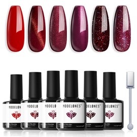 modelones Gel Nail Polish Set, 6 PCS Red Purple Glitter Gel Polish Fall Colors Cat Eye Chameleon Shimmer Burgundy Gel Polish Soak OFF LED Nail Art Gel Nail Kit Manicure Salon DIY Nails Gift