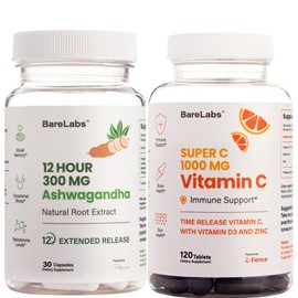 BareLabs BareLabs Ashwagandha 300mg - 12 Hour Release & Super C Vitamin C 1000mg Time Release Supplement Bundle - for Stress Support & for Immune Support