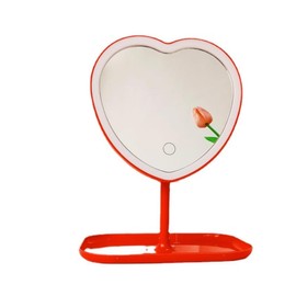 Espejo de tocador, espejo de maquillaje en forma de corazón con atenuación de tres niveles y luces LED para niñas y estudiantes (rojo)