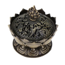 4-Piece Gold Brass Bronze Antique Chinese Asian Style Lotus Flower Incense Burner Pot w/Stick Cone Coil Holder w/White Sage Cones Zen Buddha Buddhist Meditation Decor Gift Set