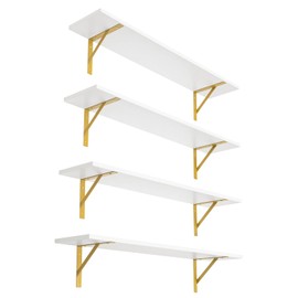 DINZI LVJ Long Wall Shelves, Set of 4, 31.5Inch Wall Mounted Shelves, Floating Shelves for Wall Storage with Metal Brackets, for Living Room, Bathroom, Bedroom, Kitchen, White and Gold