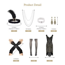 WILDPARTY 1920S Women Flapper Dress V Neck Sequin Bead Fringed Dress Cocktail Dress with Roaring 20s Accessories(BlackGold-M)