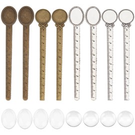 SUNNYCLUE 1 Box 16 Pieces DIY 8 Sets Bookmarks Vintage Style Bookmark Kit Ruler Metal Bookmark Trays Crystal Clear Dome Cabochon Oval Round Empty Floral Pattern Tray for DIY Craft Ha