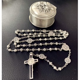 elegantmedical Handmade Silver Rose Beads St. Benedict Rosary Catholic Necklace Crucifix Cross Jerusalem
