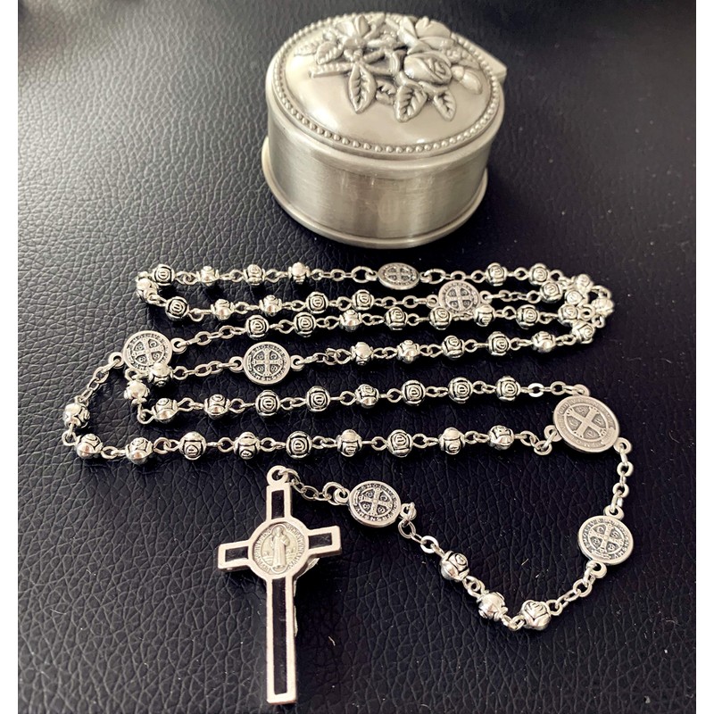 elegantmedical Handmade Silver Rose Beads St. Benedict Rosary Catholic Necklace