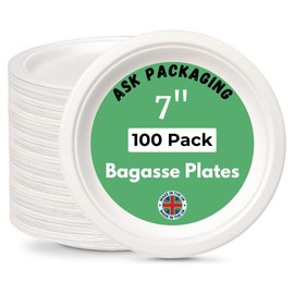 Ask Packaging 100% Compostable (7 Inch / 100-Pack) Heavy-Duty Eco-Friendly Disposable Bagasse Plates, Made of Natural Sugarcane Fibers – 7" Biodegradable Paper Plates