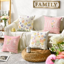 Spring is in The Air Tulip Vase Throw Pillow Covers, 18 x 18 Inch Home Sweet Home Butterfly Pink Cushion Case Decoration for Sofa Couch Set of 4